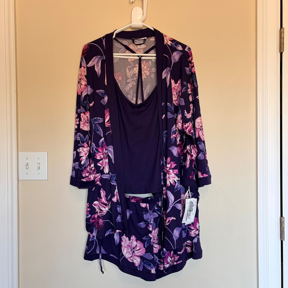 Linea Donatella Eggplant Purple 3pc Floral Pajama Sleep Lounge Set Large NEW NWT